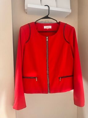 Calvin Klein Red Zip-Front Blazer with Black Trim